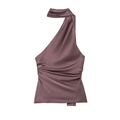 Elegante top de satén burdeos con cuello halter y sofisticado corte asimétrico - XS / Púrpura oscuro