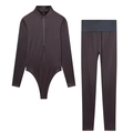 Ensemble 2 pièces avec body ajusté et legging taille haute en marron café foncé extensible - S / Café Foncé
