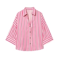 Vintage striped V-neck blouse for women with drop shoulder sleeves and button closure - S / Pink White Stripes