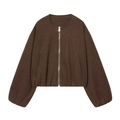 Women's minimalist dark brown round neck bomber jacket with silver front zipper - XS / Coffee