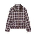 Veste à carreaux vintage avec col en cuir contrastant et fermeture éclair rétro - S / Hauts