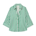 Relaxed fit green and white vertical striped shirt with V-neck and short wide sleeves - S / Green and White Striped