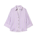 Detail view of the collar and size label on a striped V-neck shirt with purple stripes - Purple White Stripes