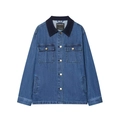 Retro denim jacket with dark blue corduroy collar and gold metal buttons in loose fit - XS / Medium Blue