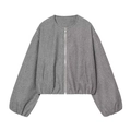 Detail of grey wool-blend bomber jacket with round neck and silver metal zipper - XS / Gray
