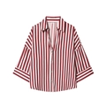 Detailed flat lay of red and white striped V-neck shirt with wide sleeves and buttons - Red and White Striped