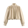 Chaqueta beige minimalista para mujer con cuello alto y detalles de dobladillo fruncido - XS / Albaricoque