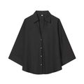 Detail view of black loose short sleeve shirt with v-neck collar and small front buttons - S / Black