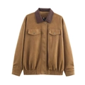 Brown faux suede jacket with corduroy collar and cargo pockets in a trendy casual style - XS / Brown