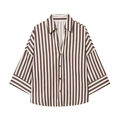 Relaxed fit brown striped shirt with wide sleeves and V-neckline in light fabric - Brown White Striped