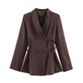 Damesblazer in donkerbruin met sjaalkraag, dubbele rij knopen en trekkoord in de taille - XS / koffiekleur