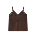 Eleganter dunkelbrauner Satin-Camisole mit Spitzenbesatz und Blumenstickerei - XS / Kaffeebraun