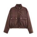 Chaqueta bomber vintage de ante sintético marrón oscuro para mujer con bolsillos grandes - XS / café