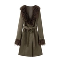Olive green suede coat with plush faux fur trim and waist belt, flat lay view - S / Olive Green