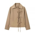 Minimalist khaki cropped jacket for women featuring stylish triple bow tie closures - S / Khaki
