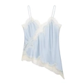 Detail of light blue satin camisole featuring white eyelash lace and asymmetrical hem - XS / Blue