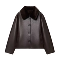 Vintage dark brown faux leather jacket with plush fur collar and button closure - XS / Dark Coffee