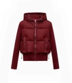 Close-up of hooded wine red puffer jacket featuring mixed material and zip pockets - XS / Red