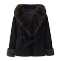 Elegante abrigo de lana negro para mujer con cuello de piel sintética y cinturón - S / Negro