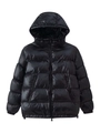 Detail of glossy black hooded puffer jacket showing high-shine quilted fabric and zipper - S / Black