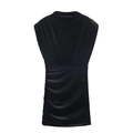 Mini vestido sin mangas de terciopelo negro con elegantes hombreras y detalles fruncidos - XS / Negro