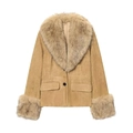 Women's camel faux suede jacket featuring a thick light brown faux fur collar and cuffs - S / Khaki