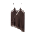 Macro detail of brown satin camisole featuring delicate eyelash lace trim and silk texture - Coffee