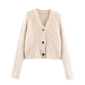 Elegant beige V-neck fuzzy mohair cardigan with marble buttons for women's autumn fashion - S / Apricot