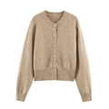 Damen-Strickjacke mit Rundhalsausschnitt in Khaki, Knopfleiste und Raglanärmeln - S / Camel