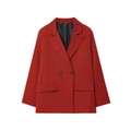 Detail view of brick red double-breasted blazer with notched lapels and flap pockets - XS / Red