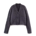 Women's V-neck dark grey mohair texture knit cardigan with black buttons on a white background - S / Dark Gray