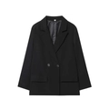 Formal black double-breasted blazer with notched lapels and flap pockets on white background - XS / Black