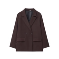 Detail view of deep brown double-breasted blazer with classic notched lapels and flap pockets - XS / Dark Brown