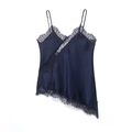 Detail of navy blue satin camisole showing delicate lace trim and asymmetrical hemline - Navy Blue