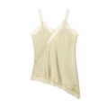 Detailed view of light green satin camisole with delicate eyelash lace trim and adjustable straps - Light Yellow
