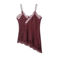 Close-up of wine red lace patchwork satin camisole with asymmetric lace hem details - Burgundy