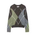 Dettaglio del motivo a rombi e dello scollo a V su questo maglione in maglia marrone retrò - Taglia S / Top / Colore Immagine Argyle