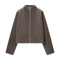 Women's minimalist dark brown stand collar fleece jacket with silver front zipper closure - S / Light Coffee Grey