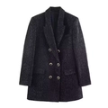 Women's black double-breasted tweed blazer featuring metallic gold buttons and peak lapels - XS / Black
