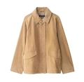 Detail view of khaki faux suede jacket with lapel collar and large flap pockets - XS / Khaki