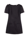 Detalle de un vestido negro de cuello redondo con mangas abullonadas y bolsillos decorativos - S / Negro