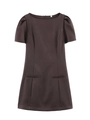 Detalle de mini vestido marrón oscuro con mangas abullonadas y bolsillos frontales - S / café