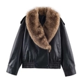 Veste courte en similicuir noir pour femme avec col amovible en fausse fourrure marron - Noir
