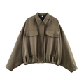 Army green cropped bomber jacket with pleated hem and hidden metal buttons for women - S / Army Green