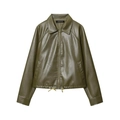 Women's olive green PU leather jacket with drawstring hem and metallic zipper closure - XS / Olive Green