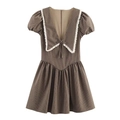 Robe à carreaux marron avec col Claudine en dentelle blanche et manches bouffantes - XS / Carreaux Marron