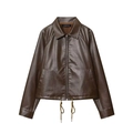 Short loose dark brown faux leather jacket with drawstring hem and zipper closure - XS / Dark Brown