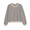 Slim-fit women striped knit cardigan in off-white with gold buttons and round neck design - S / Cream White Striped