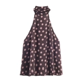 Women's sleeveless halter neck top in dark purple with pink polka dots pattern - XS / Coffee Polka Dot