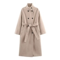 Elegante cappotto lungo in lana beige doppiopetto con collo alto e cintura in vita - XS / Cachi Chiaro